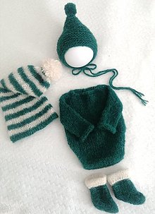 Detské oblečenie - Newborn smaragdovo zelený set - body, čiapočky, ponožtičky (Set-body, ponožtičky, pruhovaná čiapočka, škriatkovská čiapočka) - 14197500_