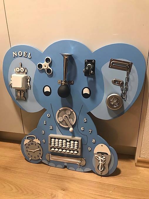 Hračky - Activity board montessori drevena doska MODRY SLON (s planetarnym kolieskom) - 14200634_