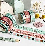 Papier - ozdobná papierová washi páska Pastelová svadba (♥ na tyrkysovej) - 14214585_