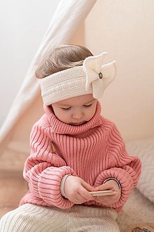 Detské čiapky - Pletená čelenka, 100% kašmír - smotanová (1. obvod 34/35 šírka 6 cm) - 14220870_