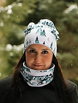 Čiapky, čelenky, klobúky - Zima v lese biela čiapka, nákrčník alebo set - 14228549_