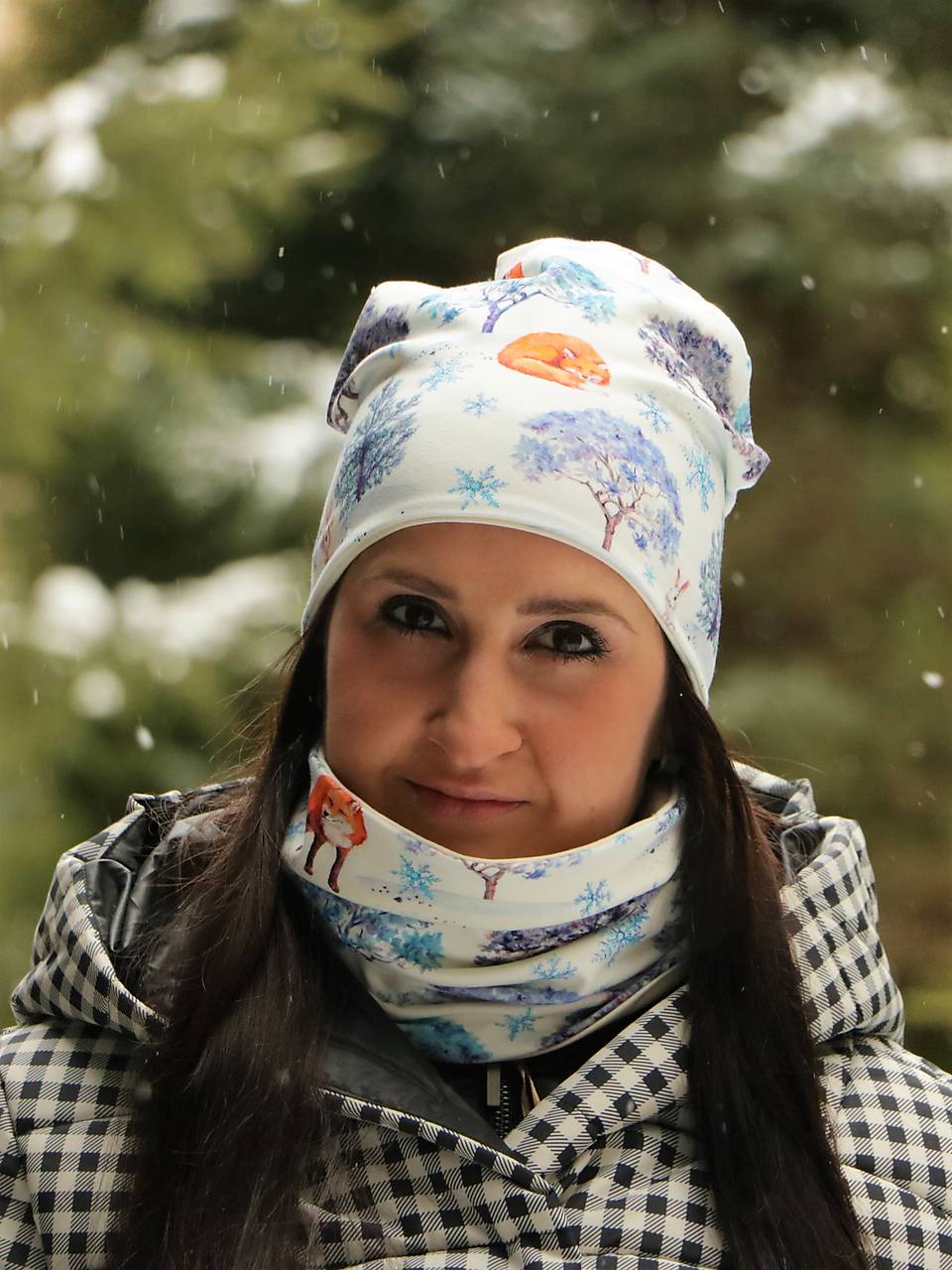 Zimná líška úpletová čiapka, nákrčník alebo set