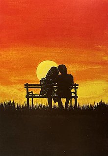Obrazy - Zamilovaný pár na lavičke so západom slnka - 14226765_