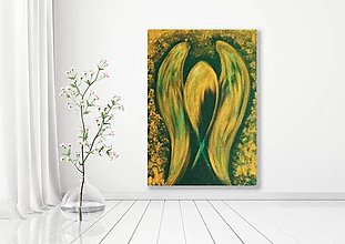 Obrazy - Predám abstraktný obraz anjela, akrylový obraz farba zeleno zlatá. Valentínsky, Vianočný, narodeninový, svadobný dar.  (Valentínsky dar, darček, zlatá) - 14229873_