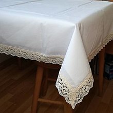 Úžitkový textil - Veľký Biely bavlnený obrus s béžovou krajkou - 14236956_