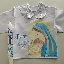 Detské oblečenie - Maľovaná krstná košieľka s bábätkom v náručí Panny Márie (+ svieca v modro zlatej) - 14237016_