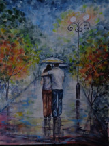Obrazy - Prechádzka v daždi...(akvarel) (strieborný rám) - 14248454_