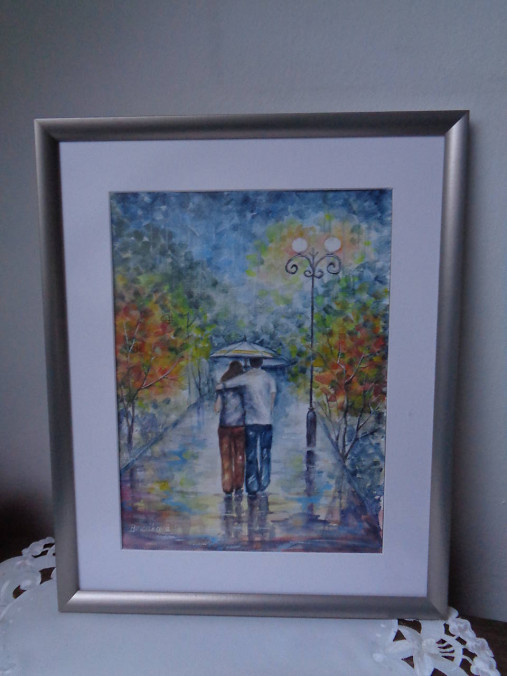 Prechádzka v daždi...(akvarel) (strieborný rám)