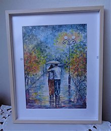 Obrazy - Prechádzka v daždi...(akvarel) (rám bledé drevo) - 14250758_