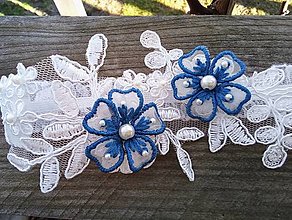 Spodná bielizeň - svadobný podväzok Ivory - tmavo modré vyšívané kvety - 14255179_
