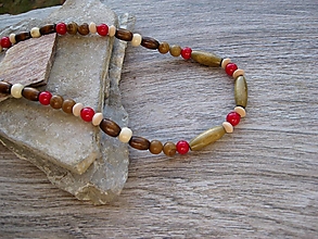 Pánske šperky - Pánsky náhrdelník okolo krku z minerálov - chirurgická oceľ (koral + jaspis drevitý + drevené korálky, č. 3504) - 14254671_
