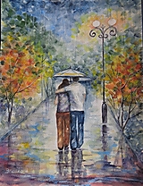 Obrazy - Prechádzka v daždi...(akvarel) (strieborný rám) - 14262360_