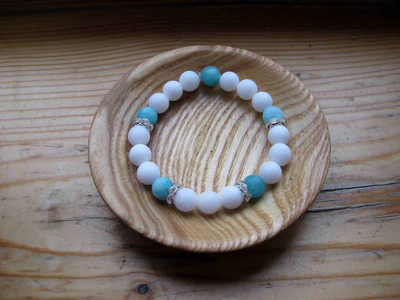 Náramok z minerálov pružný (jadeit + amazonit + štrasové rondelky, č. 3509)