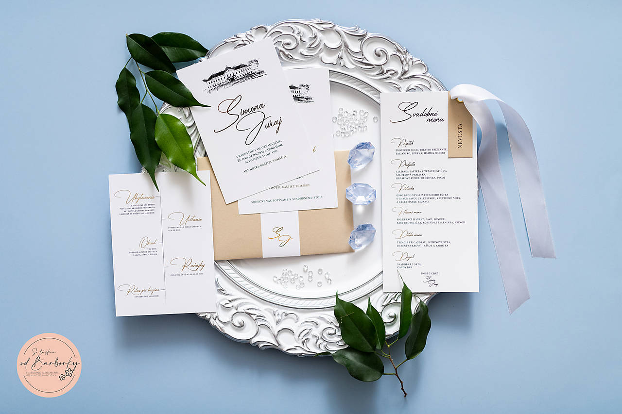 Svadobné oznámenie #73 s ilustráciou a metalickým zlátením (Svadobné oznámenie 20-50ks)