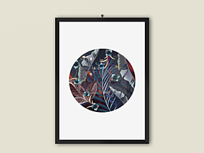 Grafika - Art Print| Tmavé kvety a palmové listy| kruh - 14290335_