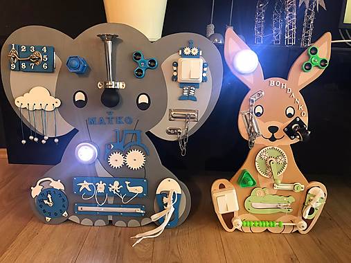 Hračky - Activity board SLONÍK PRE CHLAPČEKA (sedy slonik modre komponenty dvierka) - 14296747_