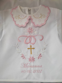 Detský textil - Vyšívaná krstná košieľka (mašľa (ružová)) - 14312026_