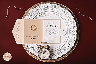 Papiernictvo - Svadobné oznámenie v champagne kapsičke so zlatým motúzikom a metalickým zlátením #78 - 14314540_