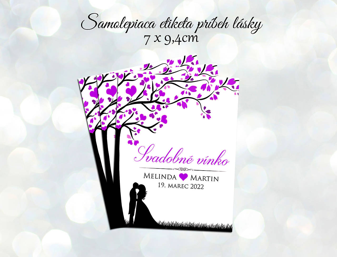 Samolepiace svadobné etikety na víno príbeh lásky (Fialová)