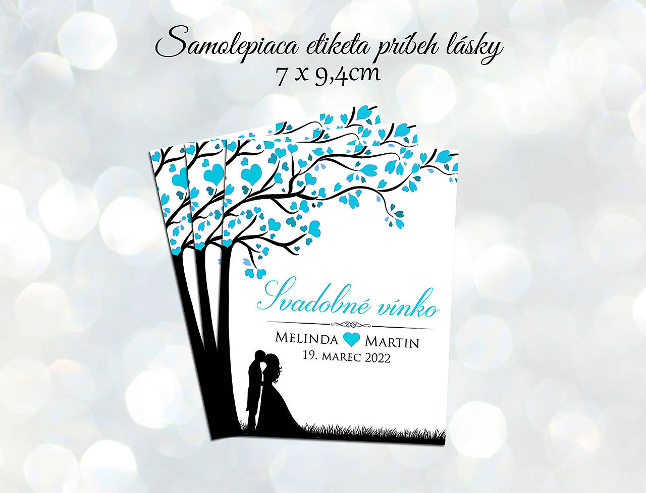 Samolepiace svadobné etikety na víno príbeh lásky (Tyrkysová/svetlomodrá)