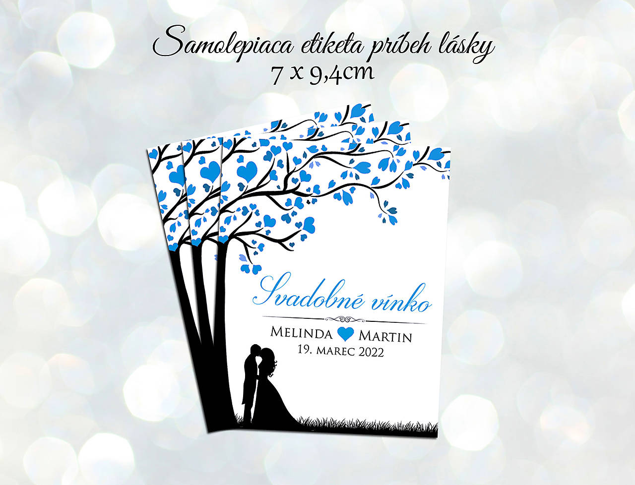 Samolepiace svadobné etikety na víno príbeh lásky (Modrá)