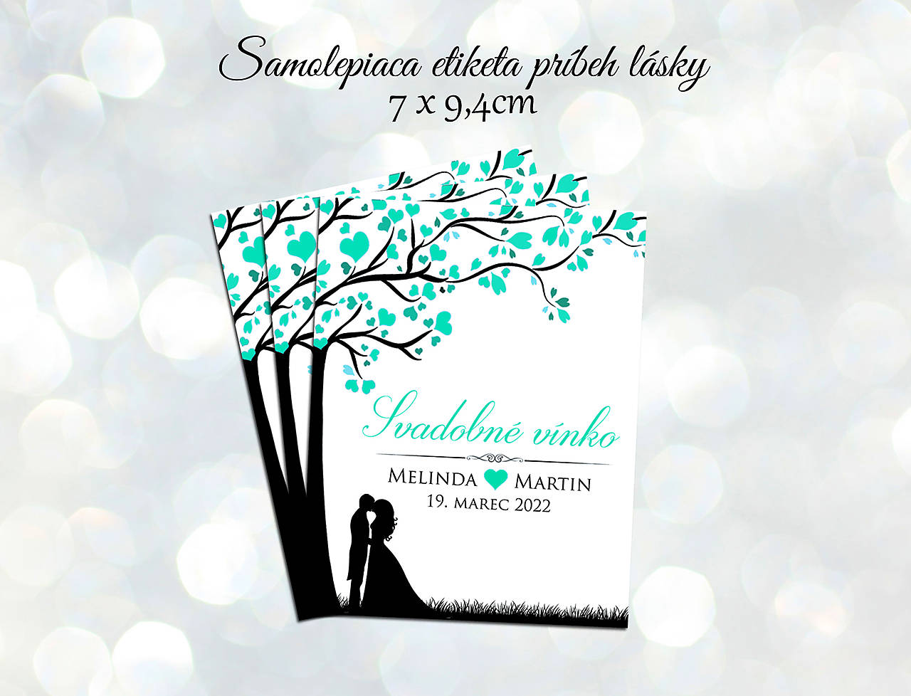 Samolepiace svadobné etikety na víno príbeh lásky (Mentolová)