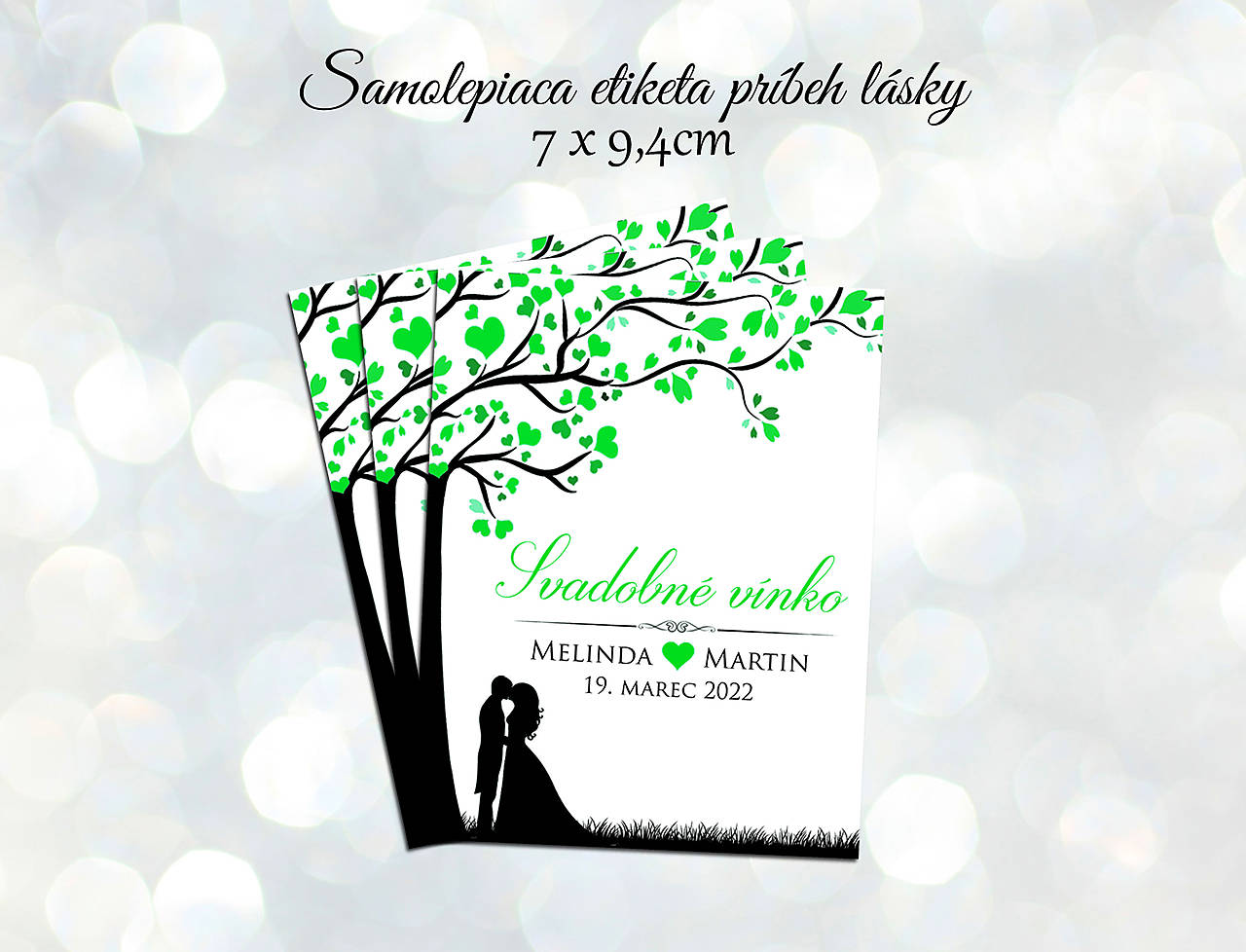 Samolepiace svadobné etikety na víno príbeh lásky (Zelená)