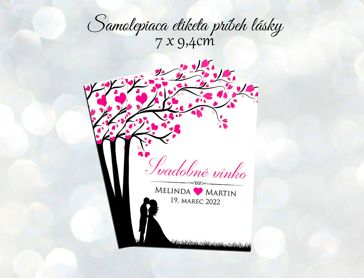 Samolepiace svadobné etikety na víno príbeh lásky (Ružová)