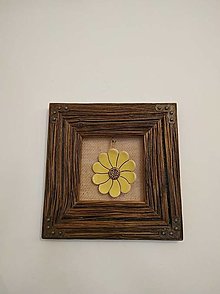 Obrazy - Obraz s rámom zo starého dreva - keramický kvietok (Žltá) - 14333230_