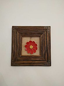 Obrazy - Obraz s rámom zo starého dreva - keramický kvietok (Červená) - 14333231_