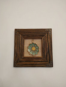 Obrazy - Obraz s rámom zo starého dreva - keramický kvietok (Zeleno/Modrá) - 14333296_