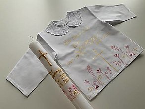 Detské oblečenie - Krstná ručne maľovaná ľudovoladená (košieľka a svieca v kombinácii ružová + zlatá) - 14334179_