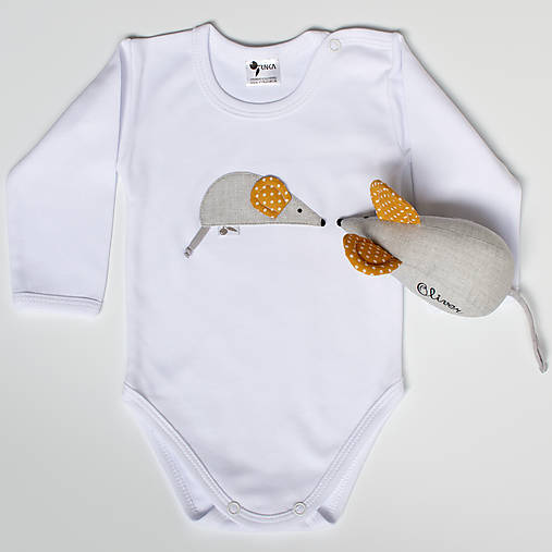 Detské oblečenie - SET MYŠKA  body + hračka s menom na želanie (Horčicová) - 14336625_