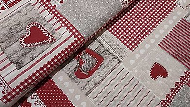 Textil - Látka červené srdiečka,kocky a čipky na patchworku - 14341971_