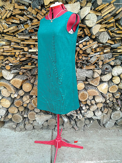 Šaty - Smaragdové ľanové šaty - 3D kvety (rôzne farby) (bez rukávu) - 14353656_