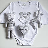 Detské oblečenie - DARČEKOVÝ SET - personalizovaný (sivo - biely) - 14356111_