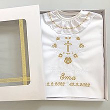 Detské oblečenie - Košieľka na krst k05 biela so zlatou v darčekovom balení - 14358161_