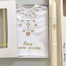 Detské oblečenie - Košieľka na krst  k05 biela so zlatou v darčekovom balení a sviečka na krst zlatý krížik s bielou čipkou - 14358819_
