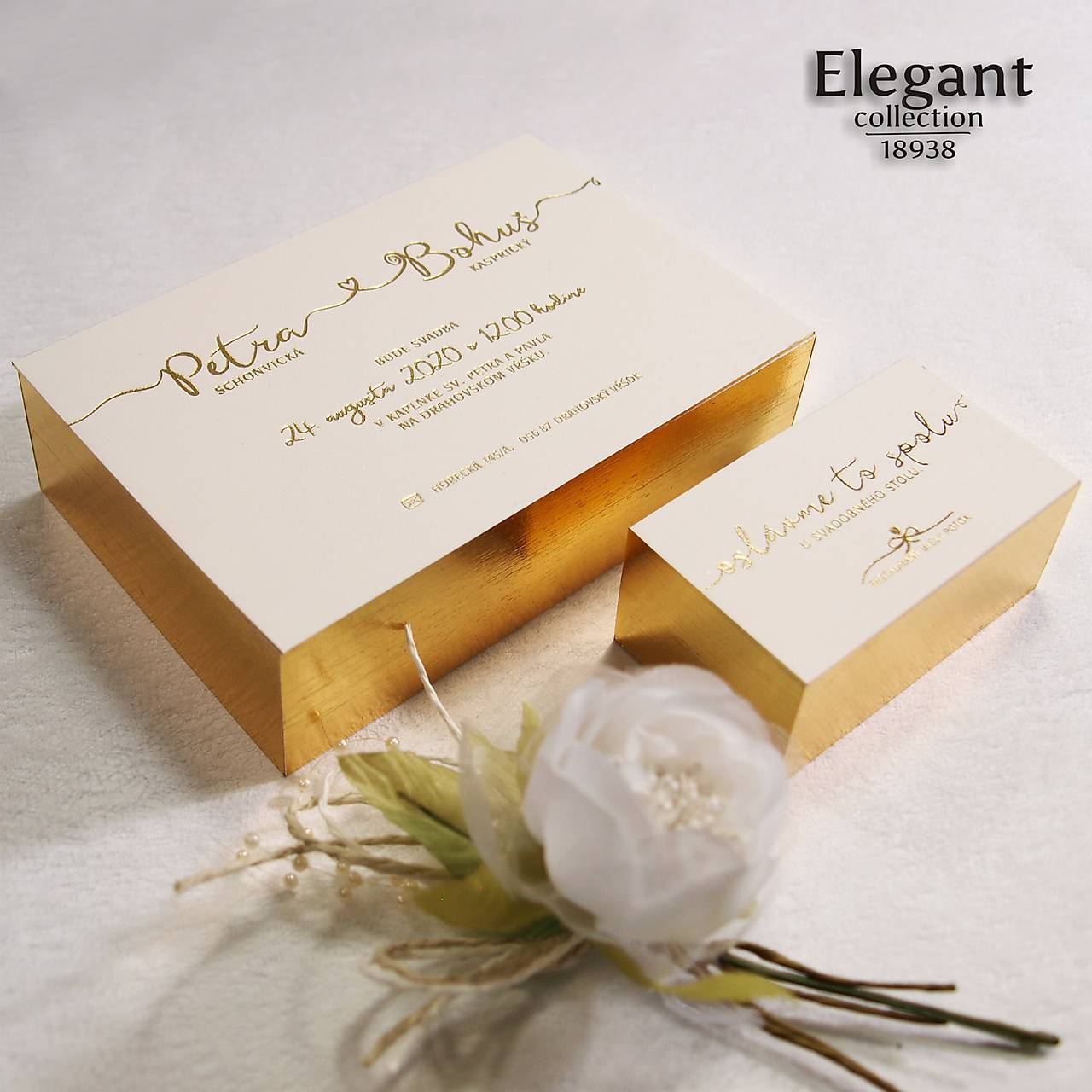 Zlaté svadobné oznámenia so zlatými hranami a zlatou potlačou 18938 (20-40 ks)
