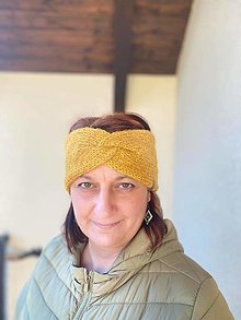 Čiapky, čelenky, klobúky - ručne pletená čelenka - horčicová, merino, alpaka, hodváb - 14385883_