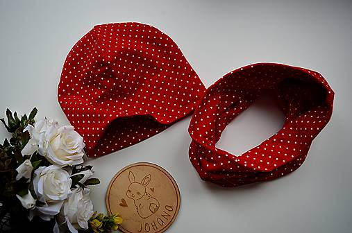 Čiapky, čelenky, klobúky - Dvojvrstvový set biele bodky na červenom - 14386230_