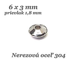 Korálky - Korálka disk 6x3mm, prievlak 1,8mm /M4556/ - nerez.oceľ 304 - 14397530_