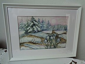 Obrazy - Prvé snežienky...(akvarel) (biely drevený rám) - 14402759_