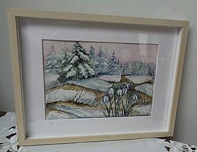Obrazy - Prvé snežienky...(akvarel) (rám bledé drevo) - 14402767_