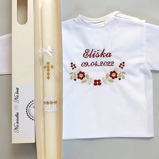 Detské oblečenie - Košieľka na krst  k09 bordová so zlatou a sviečka na krst zlatý krížik - 14410473_