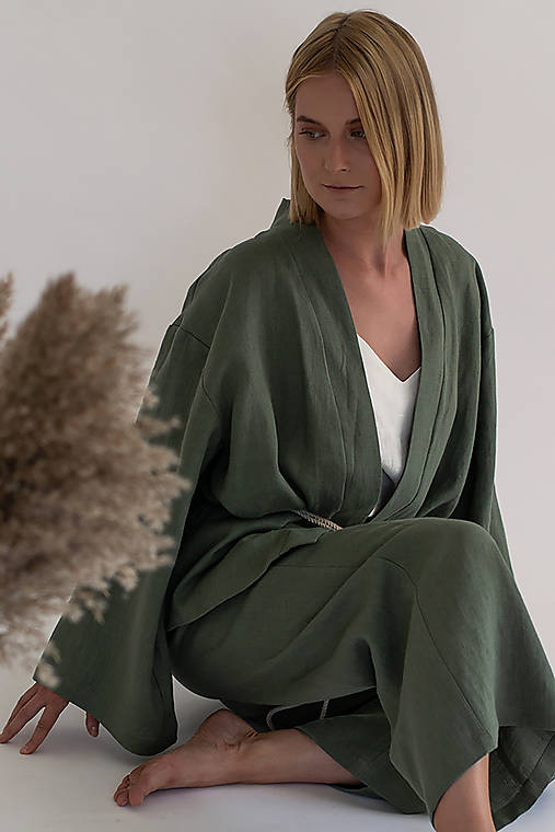 Kimoná - Ľanový kimono set | Kimono súprava | Kimono + široké nohavice - 14428511_