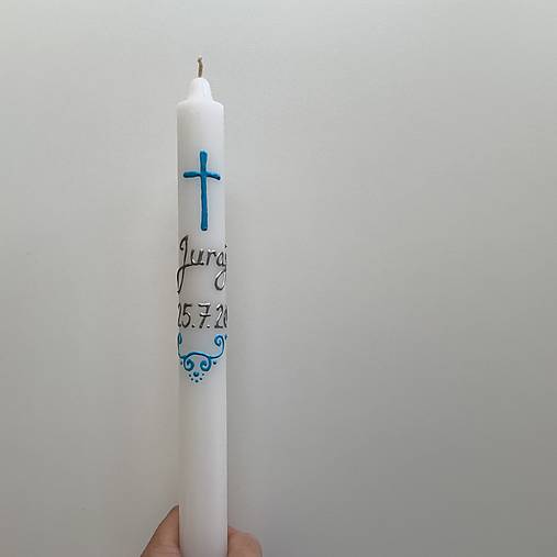 Krstná maľovaná ľudovoladená svieca (Modro-strieborná)