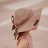 Detské čiapky - Detský ľanový klobúk taupe s mašľou - 14440553_