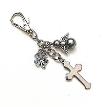 Kľúčenky - Kľúčenka "krížik" s anjelikom (šedá) - 14442742_