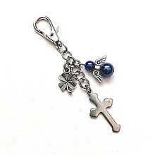 Kľúčenky - Kľúčenka "krížik" s anjelikom (modrá) - 14442771_